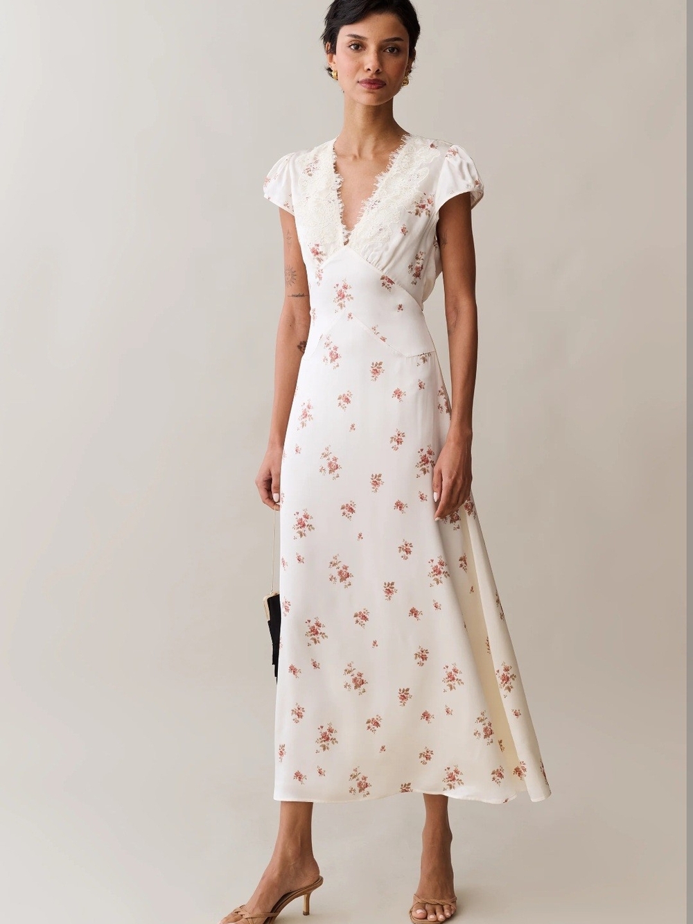 Few Moda Floral Cream Midi Dress with Lace-Trim V-Neck